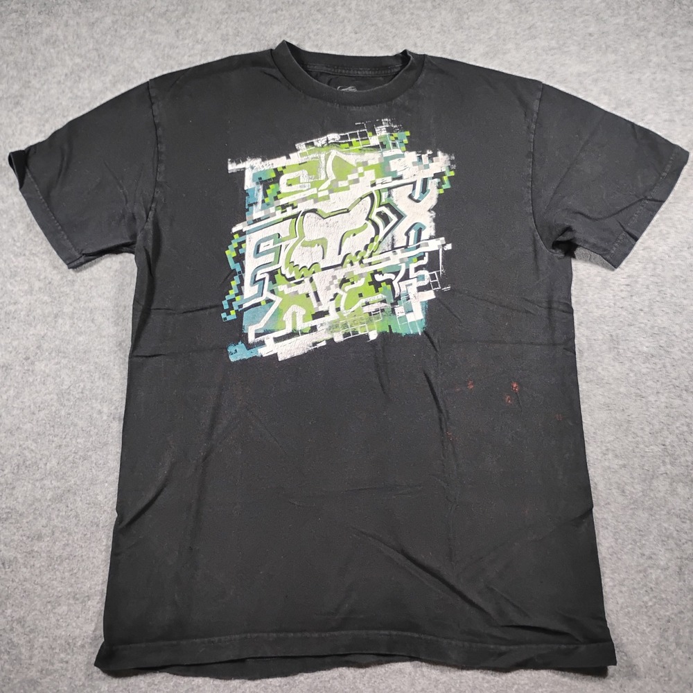 Fox Racing Mens Black Glitch Logo Motocross Graphic T-Shirt Size Large Y2K
